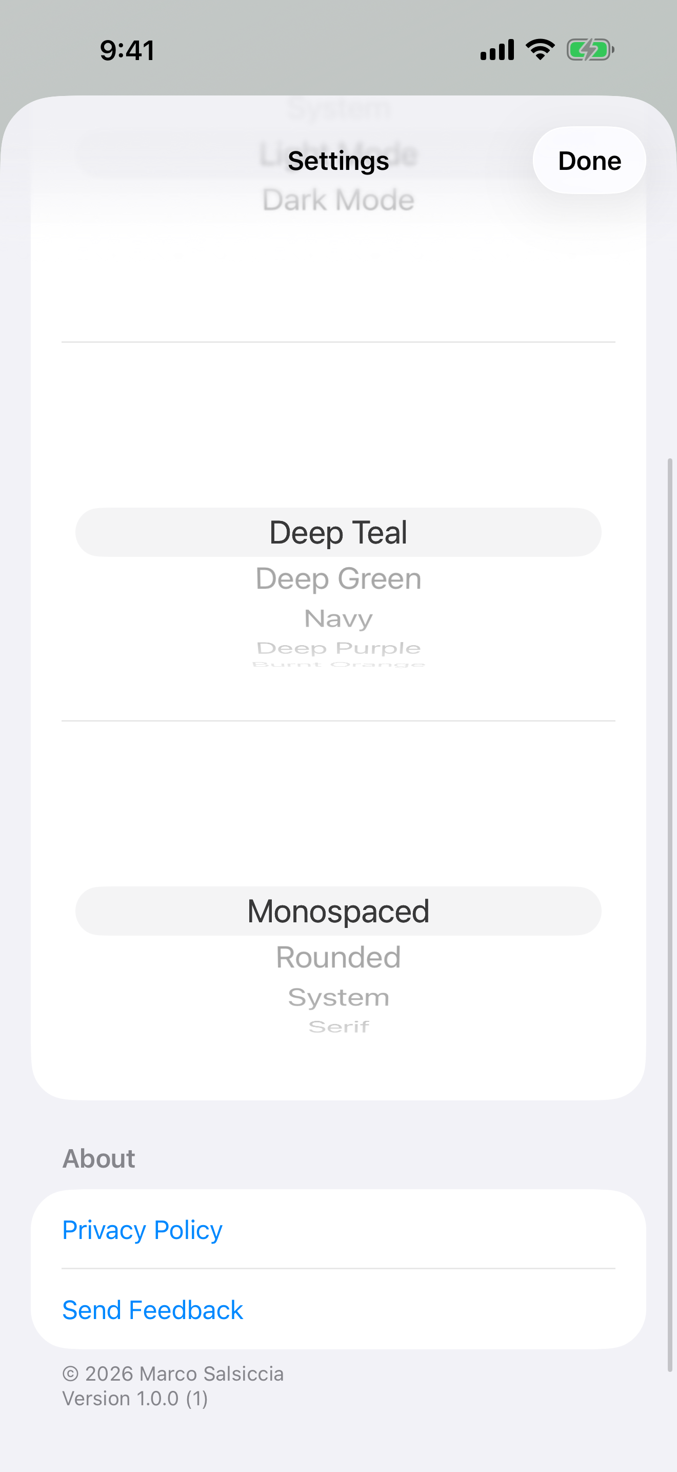 Display settings with native wheel pickers for appearance, number color, and number font.