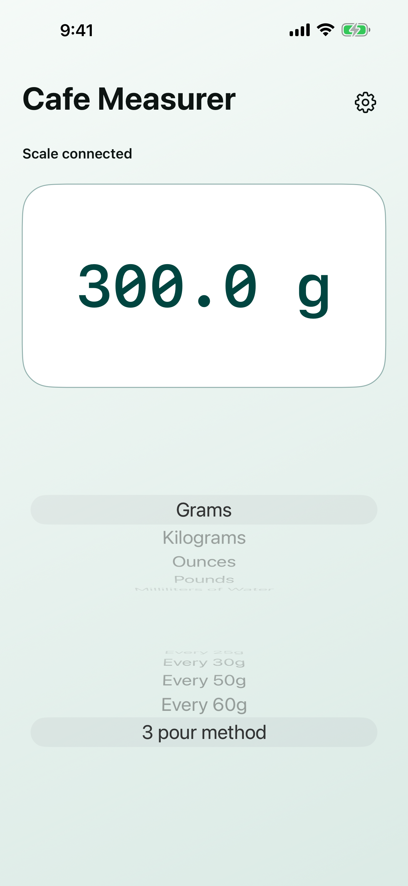 Cafe Measurer showing a settled 300 gram reading in deep teal on a light background.