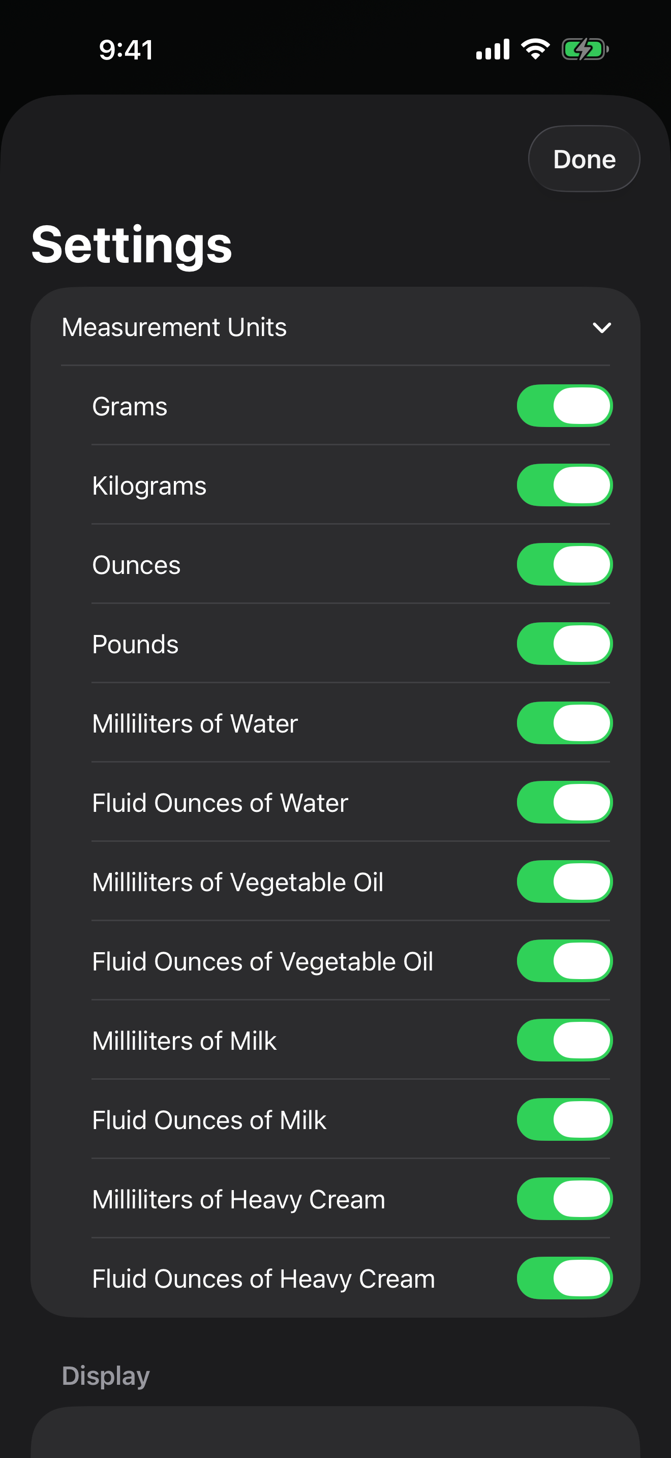 Measurement Units settings with choices for mass and ingredient-specific liquid conversions.