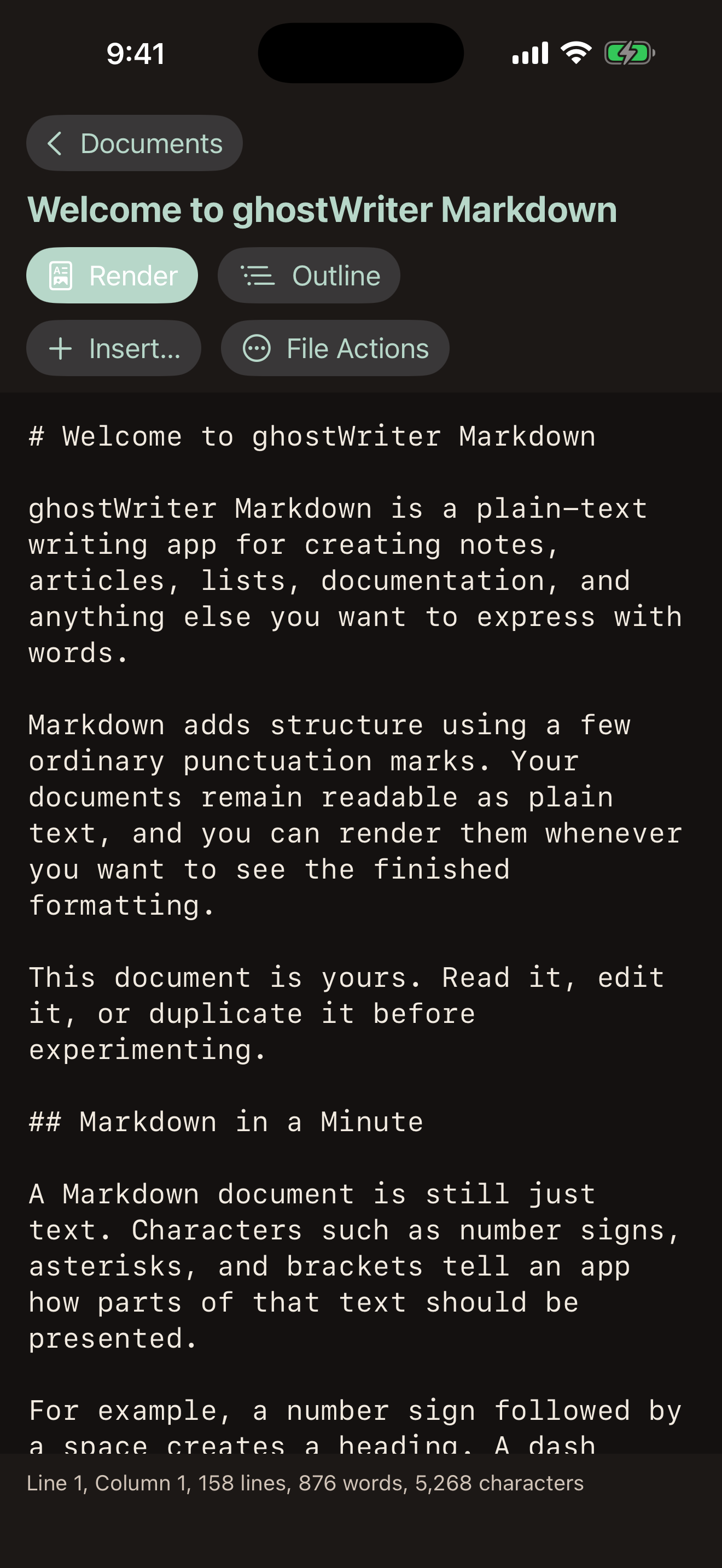 The ghostWriter Markdown editor showing the Welcome document with sample Markdown syntax.