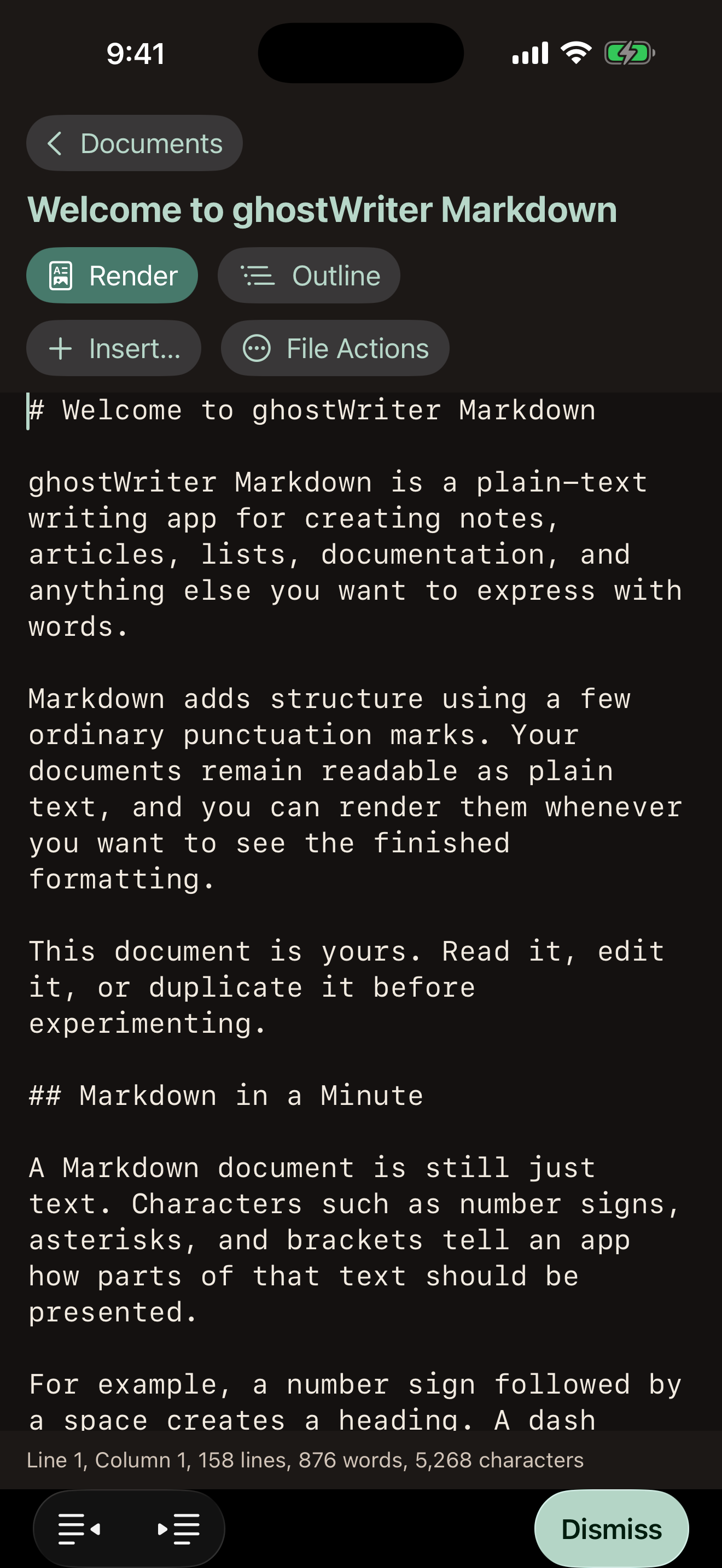The ghostWriter Markdown editor showing the Welcome document with sample Markdown syntax.