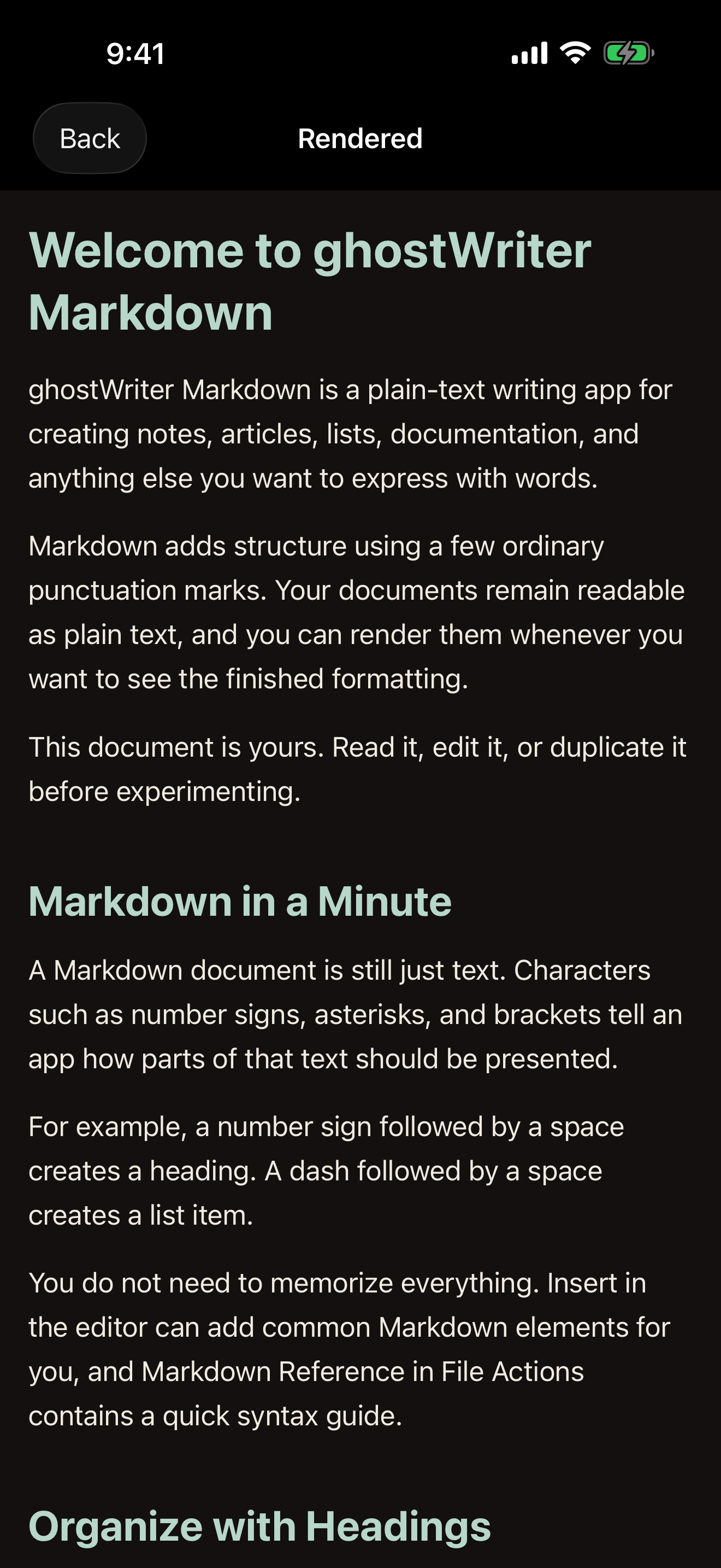 The Welcome document rendered in HTML right within the app.