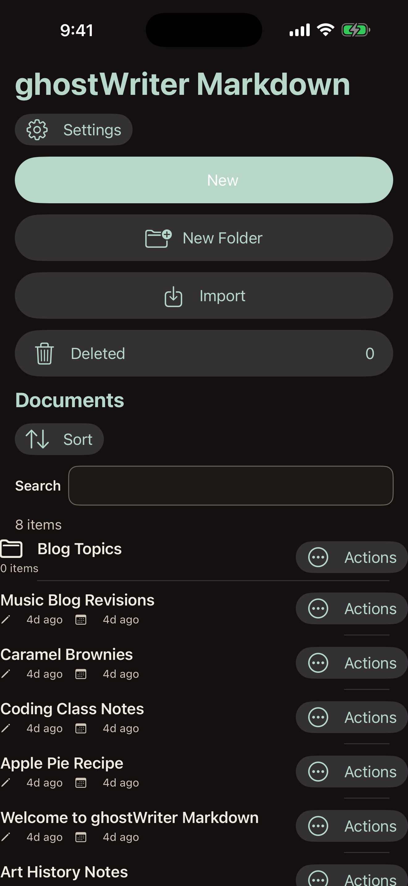 The Library screen lets you sort, search, and organize your files into folders.