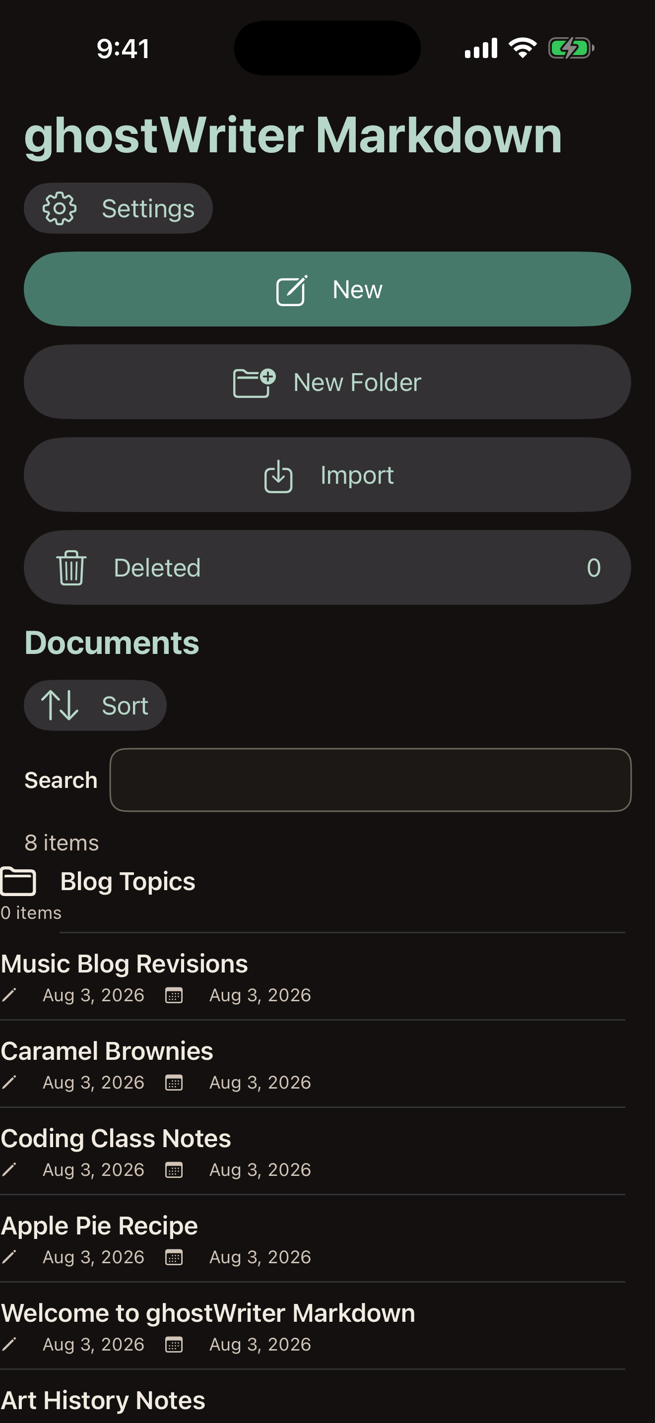 The ghostWriter Library showing New, New Folder, Import, and Deleted, above a folder and a list of documents with their dates.