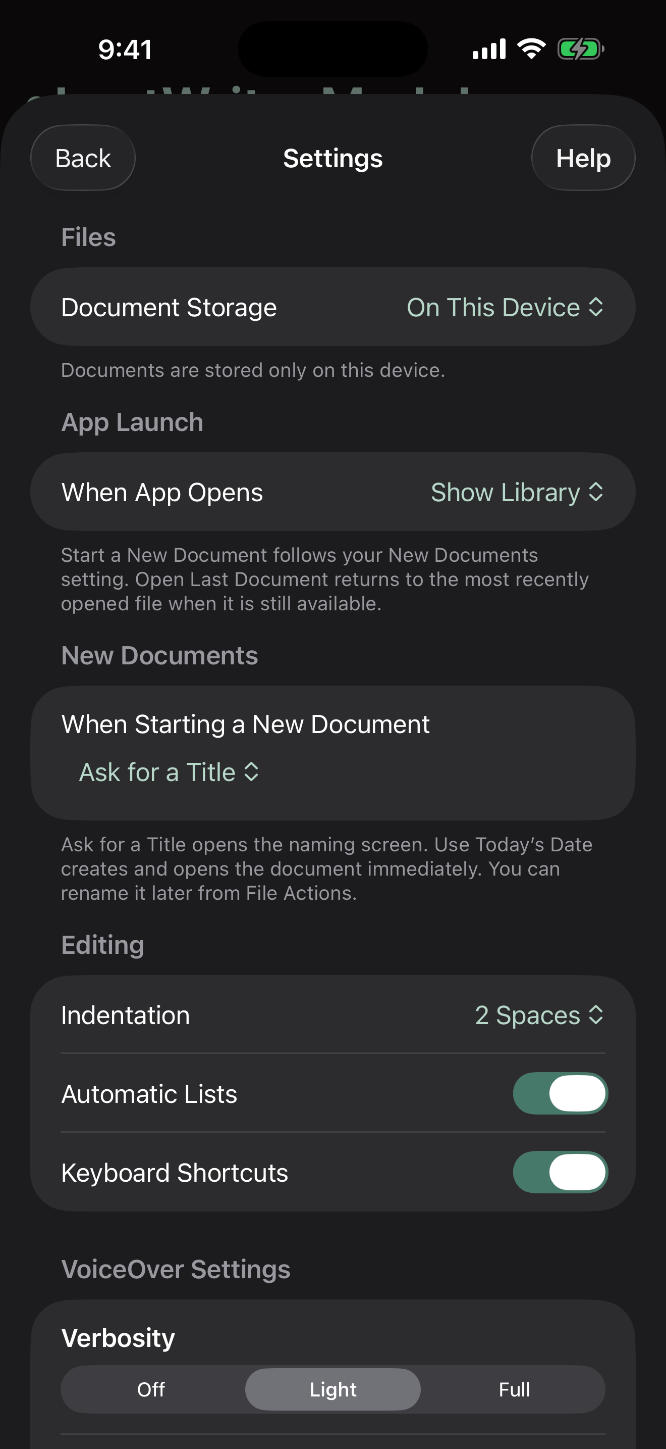 The ghostWriter Settings screen showing document storage, app launch, editing, and VoiceOver verbosity options.