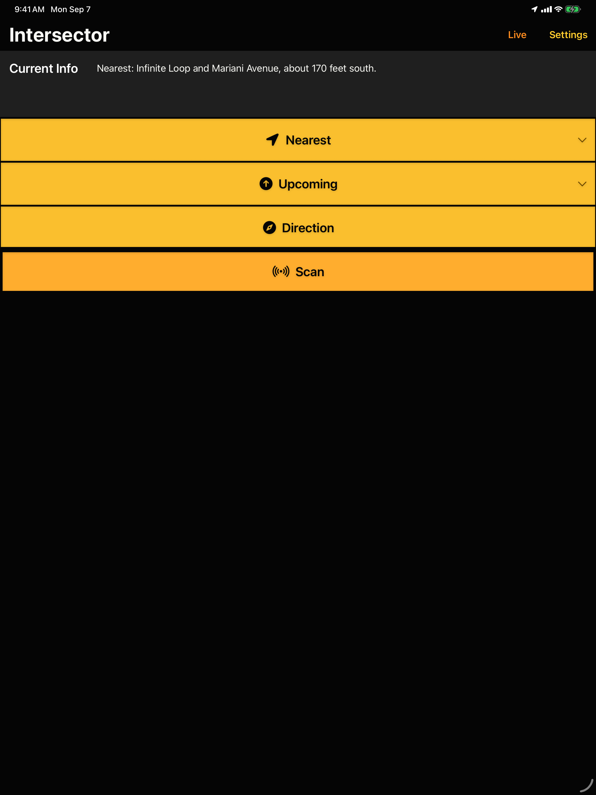 Intersector on iPad showing Infinite Loop and Mariani Avenue as the nearest intersection, with Nearest, Upcoming, Direction, and Scan controls.