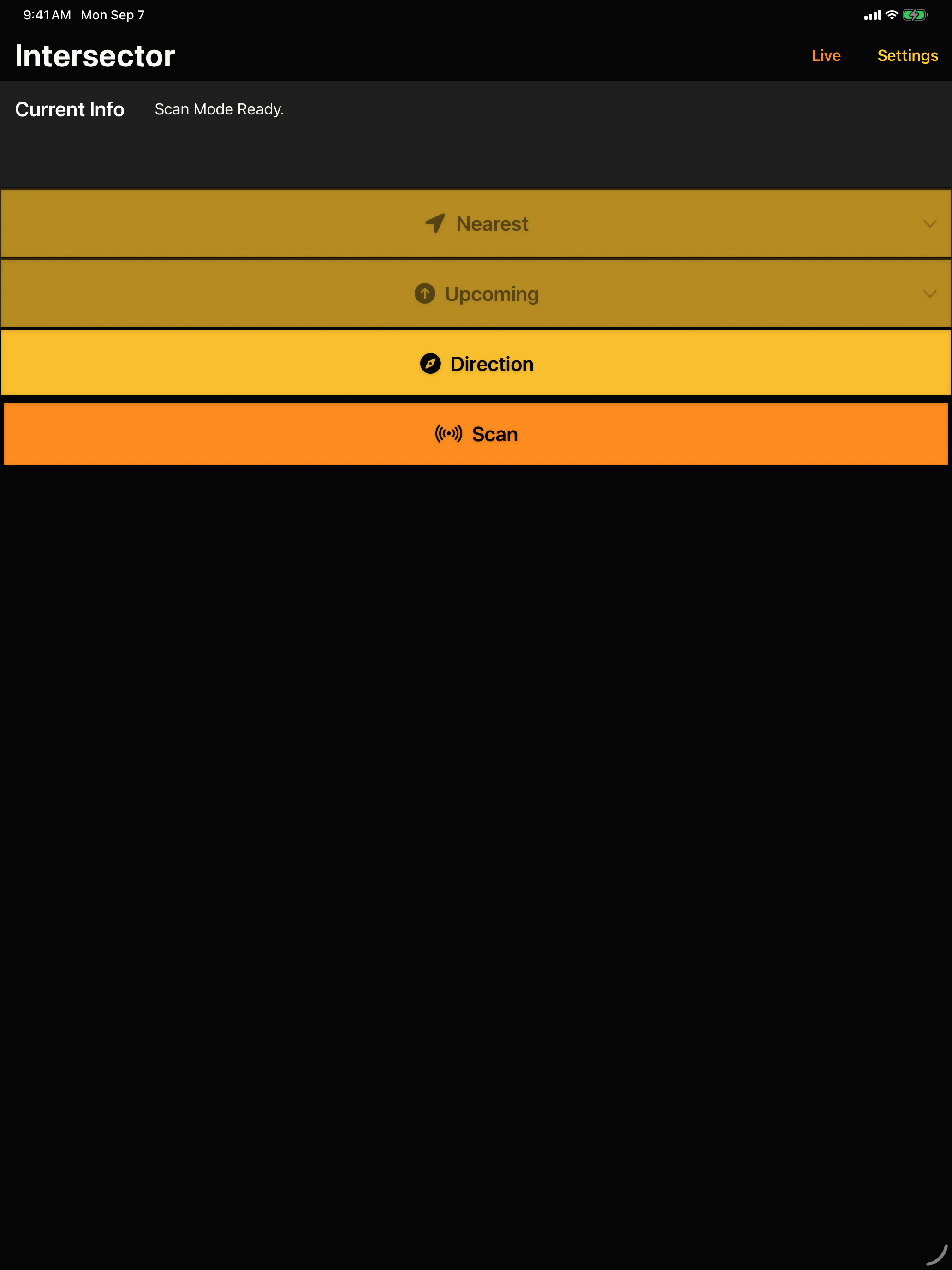 Intersector on iPad showing Scan Mode Ready, with Scan highlighted and Nearest and Upcoming unavailable.
