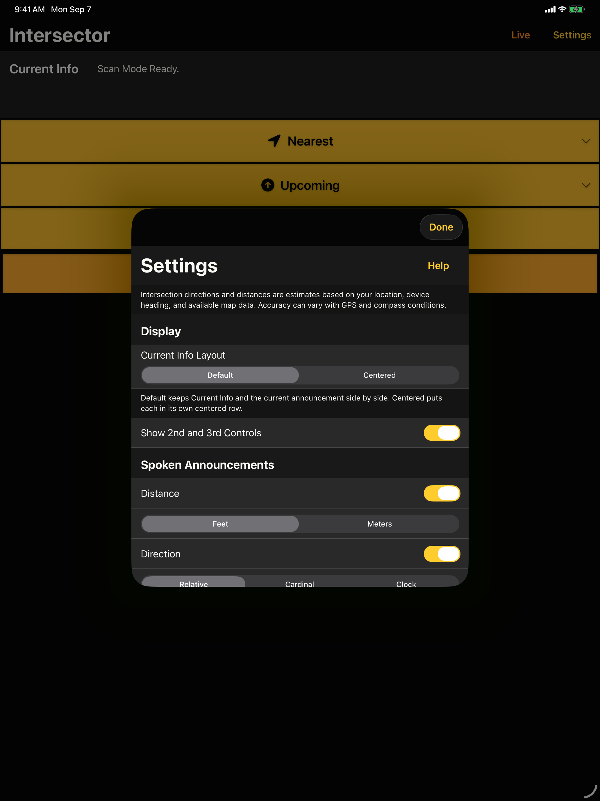 Intersector Settings on iPad showing Current Info Layout, Show 2nd and 3rd Controls, and spoken distance and direction options.