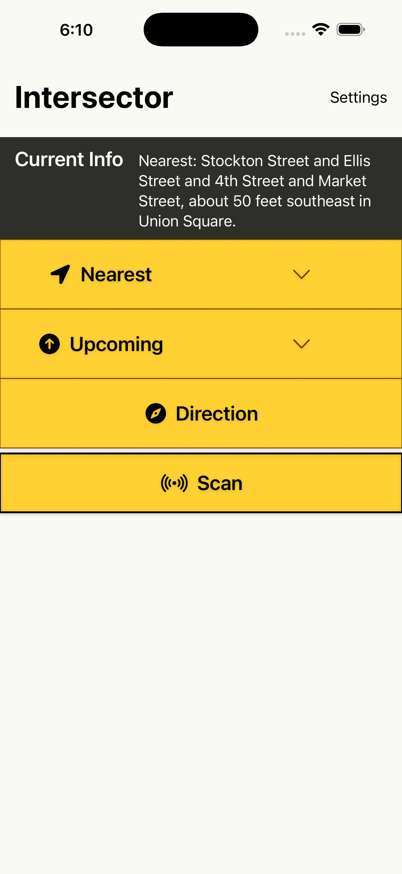 Intersector iPhone home screen showing nearby intersection actions.