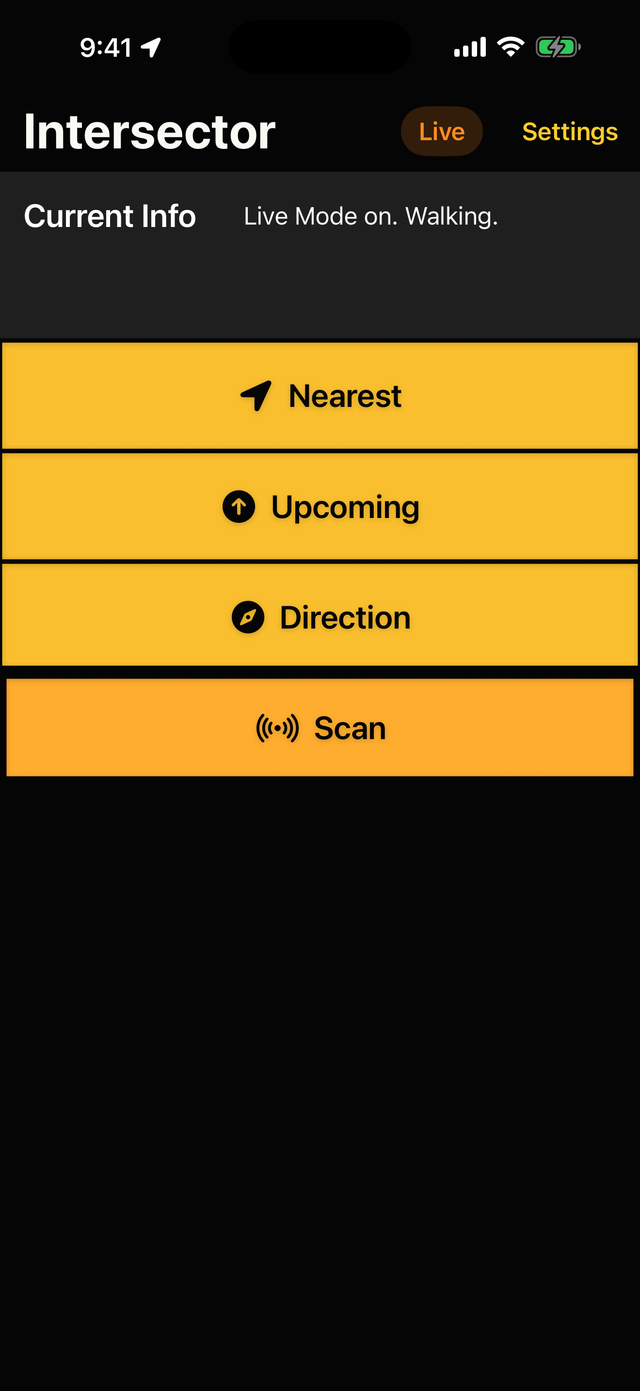 Intersector on iPhone with Live selected and the message Live Mode on. Walking.