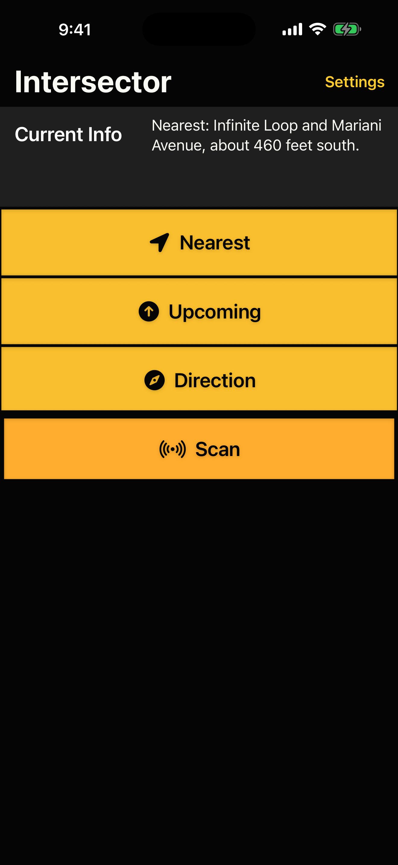 Intersector home screen in dark mode showing the nearest intersection and large buttons for Nearest, Upcoming, Direction, and Scan.