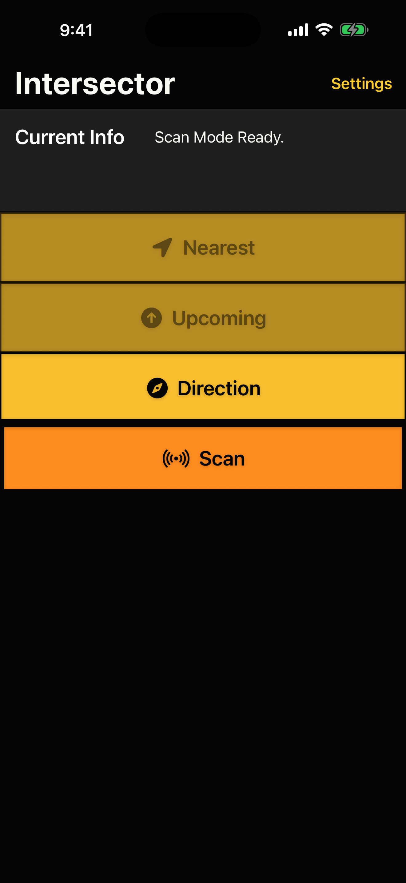 Intersector home screen in Scan Mode, with Nearest and Upcoming unavailable and the Scan button highlighted in orange.