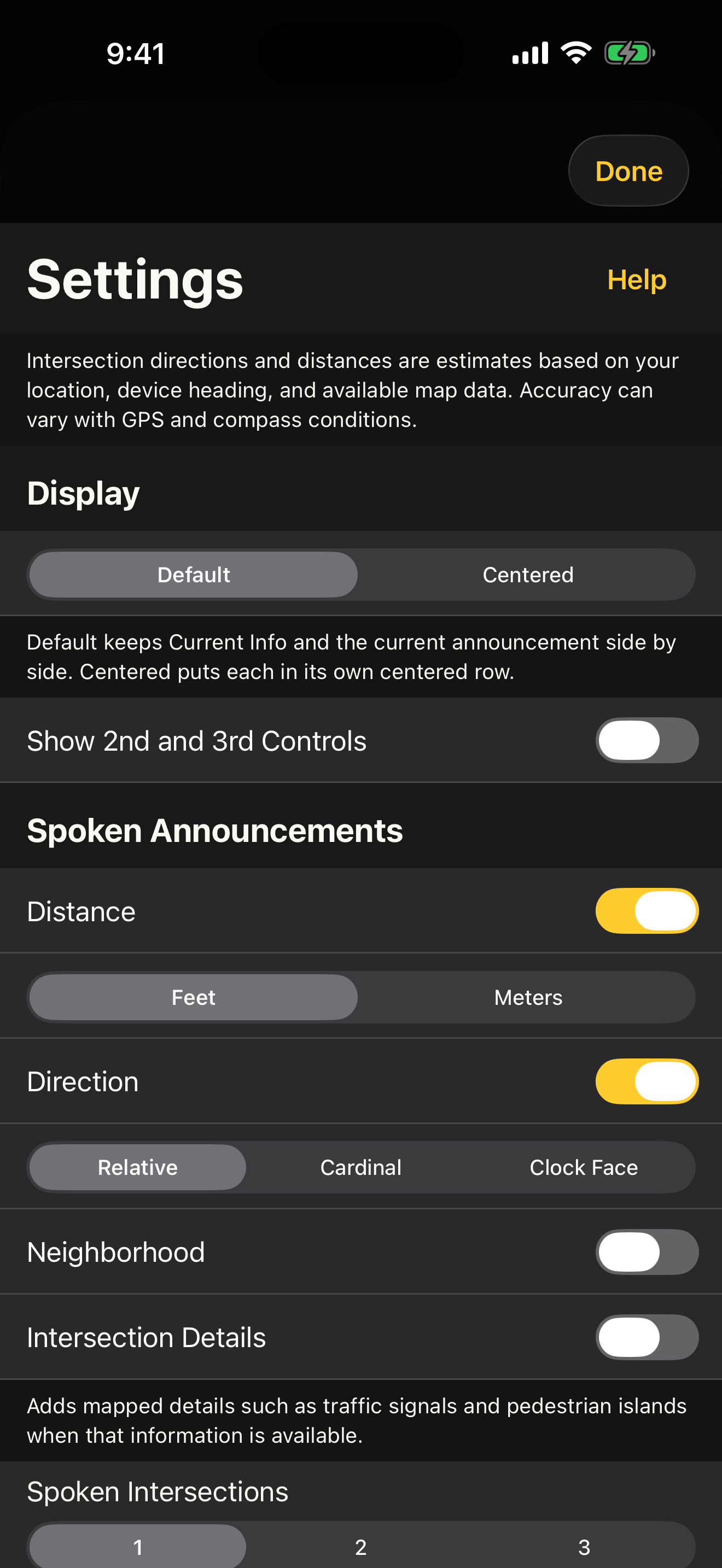 Intersector Settings screen in dark mode showing display and spoken announcement options.