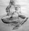 Eva Forshortened: a pencil sketch of a nude woman lying on her side in perspective with her body angling away from the viewer.