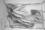 Life Drawing Final: a birds-eye view of a naked woman lying in bed, turned on her side with her legs acrobatically contorted behind her.