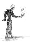 Death is Coming: a pen rendering of a grim reaper with a detailed robe and exposed skull head. His arm is outstretched in front of him, a splayed hand with sharp claws extending out of each finger open palm up. A floating pocket watch and chain float above his hand.
