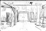 Tech Room: a pencil sketch of a double door surrounded by boxes, wooden structures, pipes, and a poster that says No Whining. The old Live Oak Theatre tech room.
