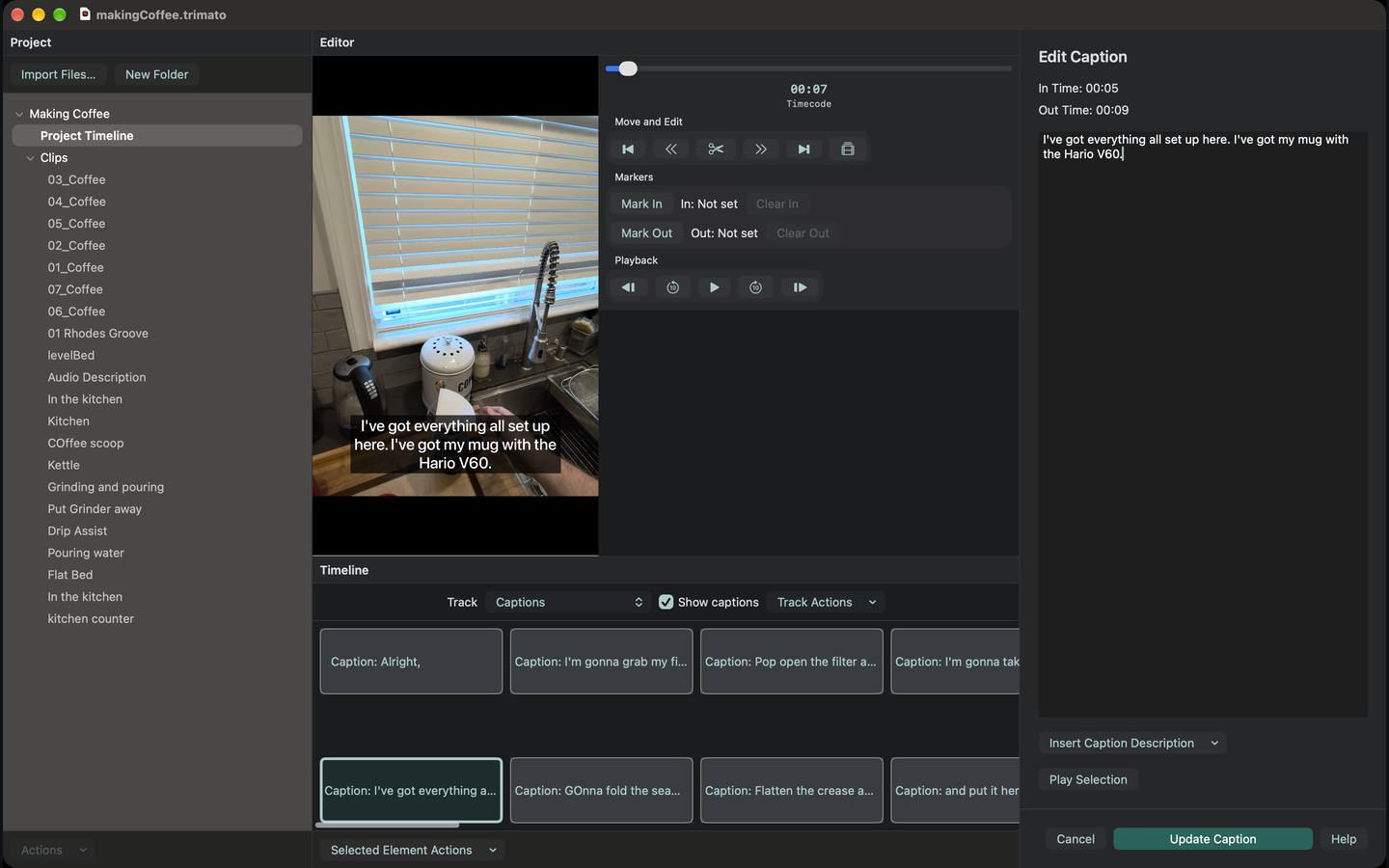 Caption editing in context, with the text displayed over the video preview.