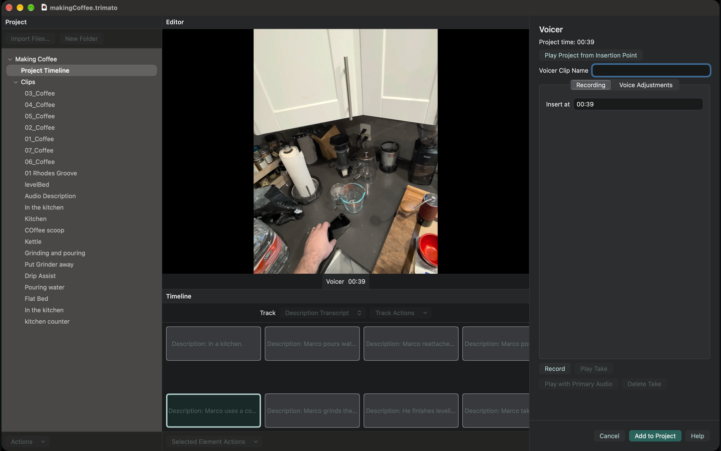 Voicer ready to record at a chosen point while the video remains visible.