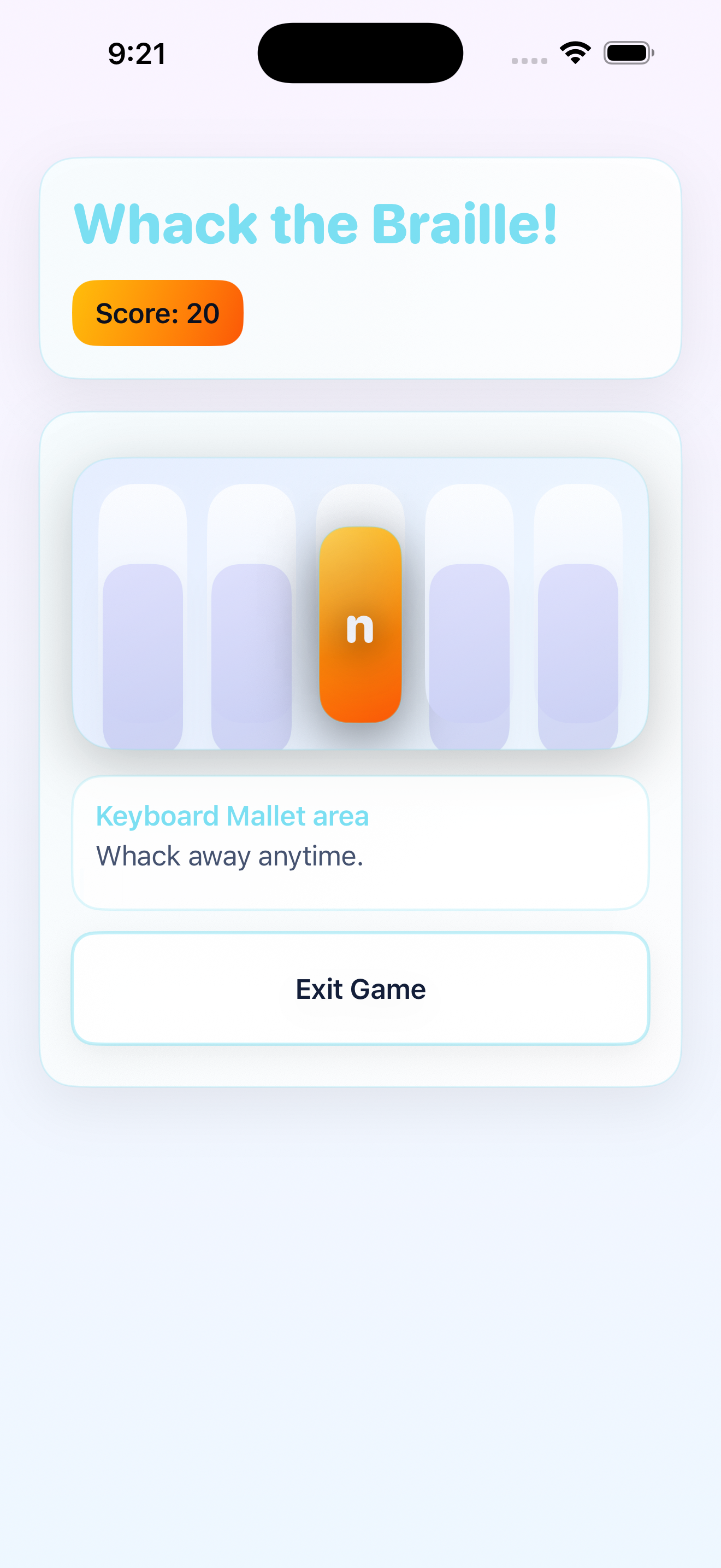 Whack A Braille gameplay screen showing a letter mole on the five-lane board, a score of 20, and the Keyboard Mallet area.