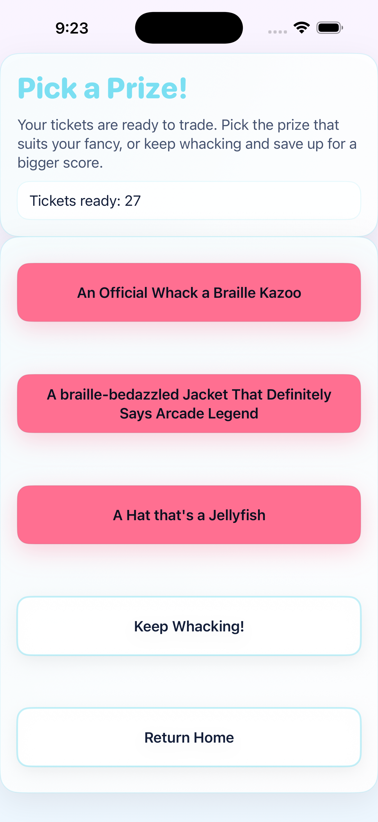 Whack A Braille Pick a Prize screen offering an official kazoo, a braille-bedazzled jacket, and a hat shaped like a jellyfish.