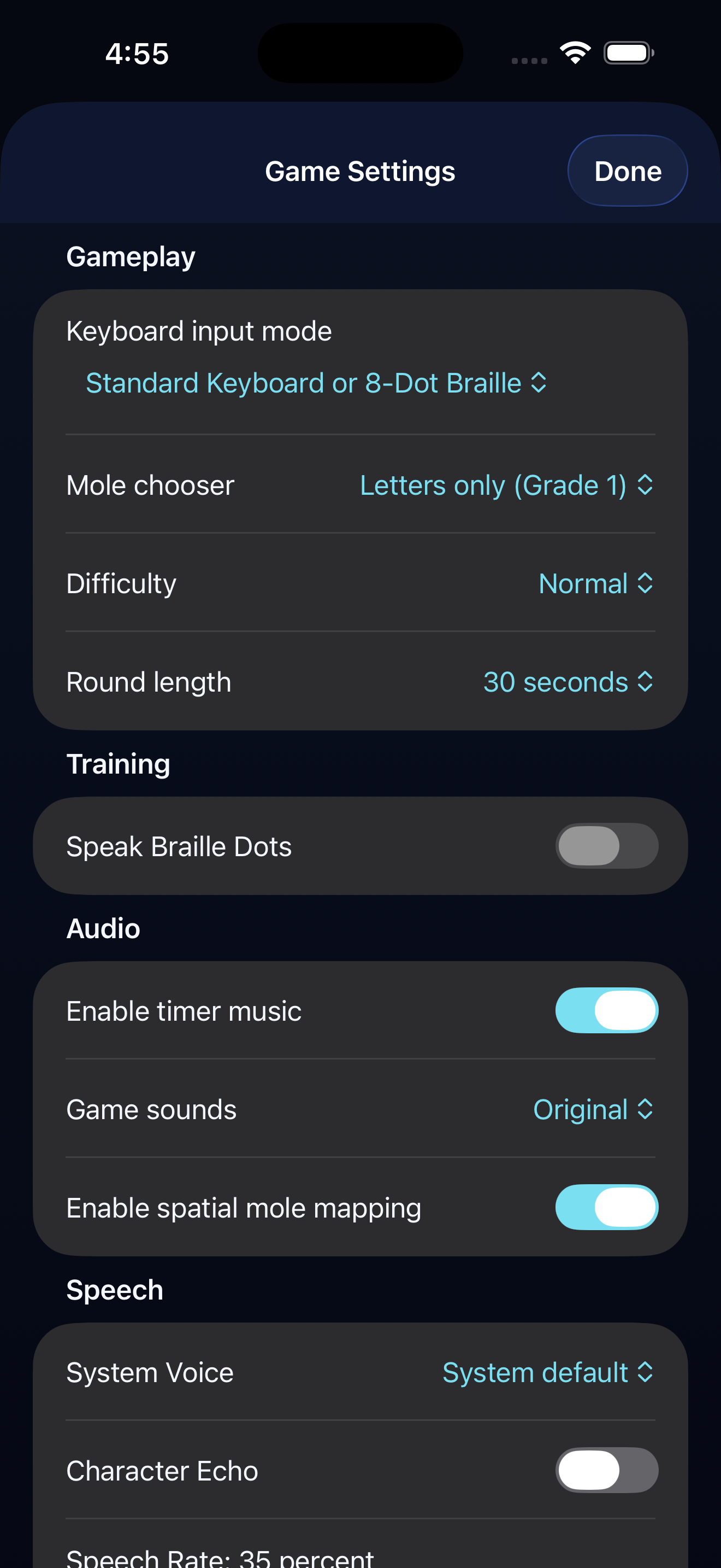 Whack A Braille Game Settings in dark mode showing keyboard input, mole chooser, difficulty, round length, training, audio, and speech options.