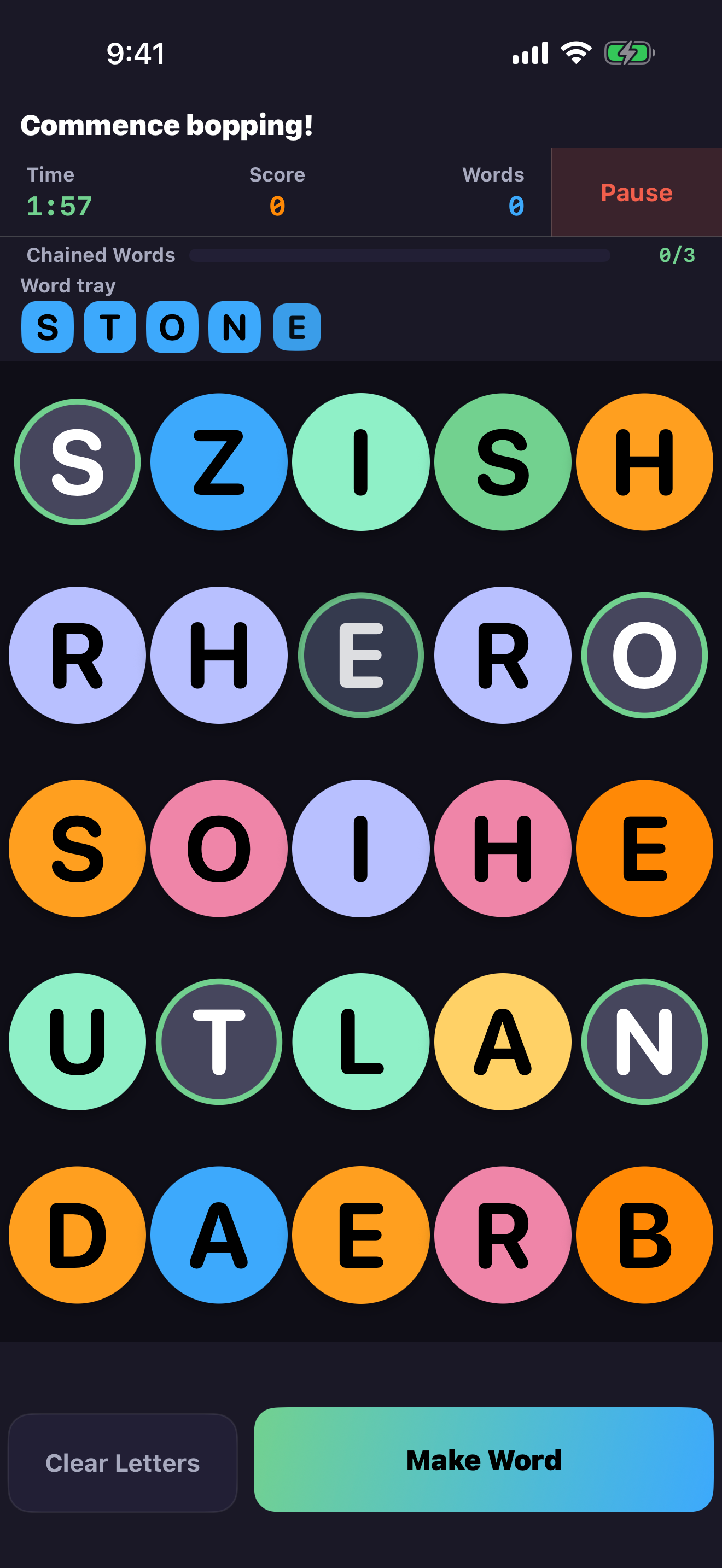 WordBopper start screen with Timed mode selected, Daily Bop and BopQuest buttons, Start Game button, and Your Best Game section.