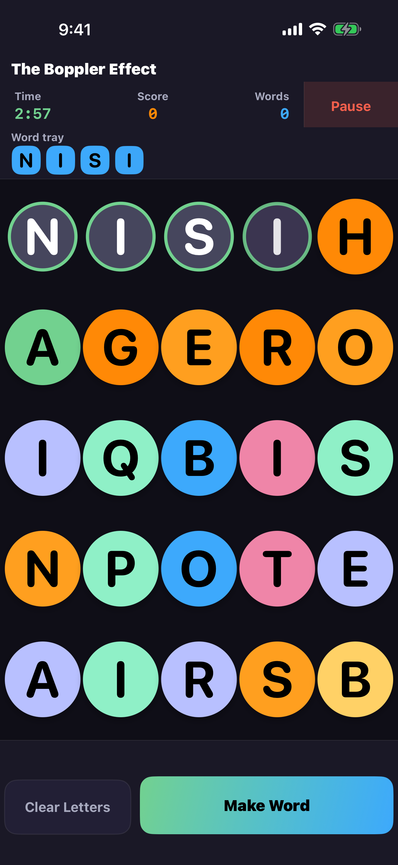 WordBopper start screen with Bopple mode selected and the main game controls ready to begin.