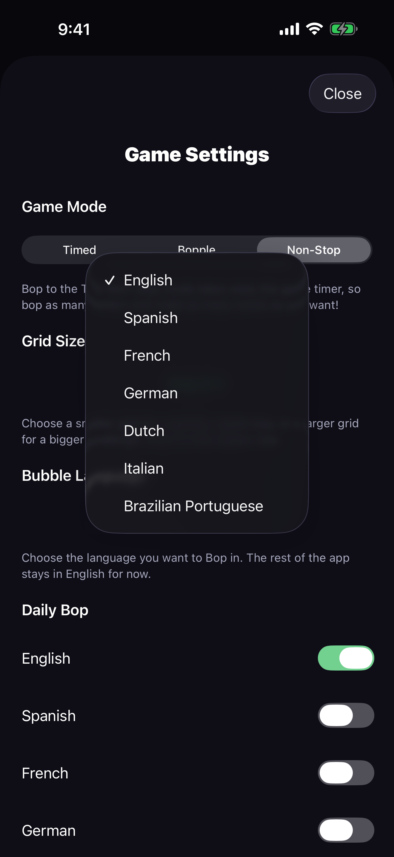 WordBopper settings showing the Bubble Language picker with seven language choices.