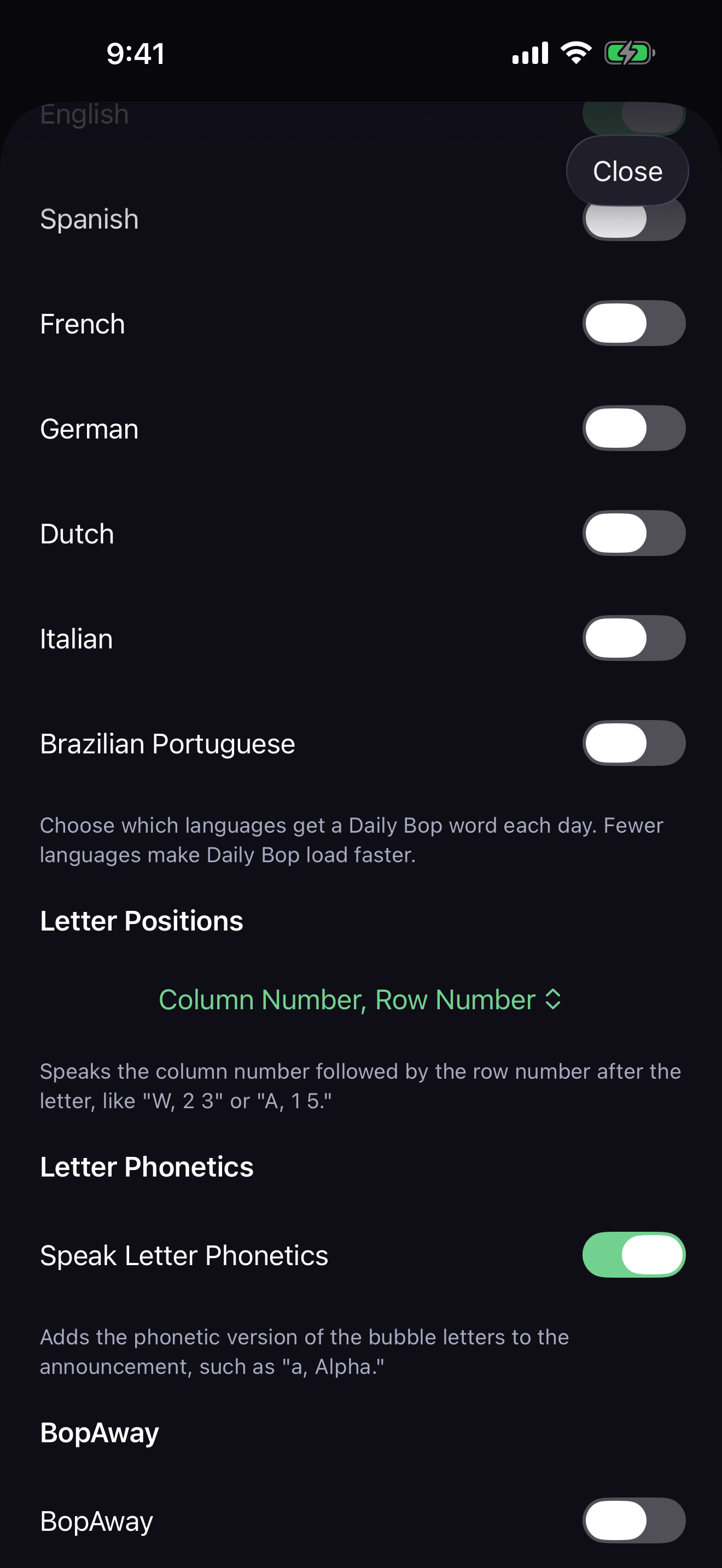WordBopper settings showing accessibility options for announcements, letter positions, phonetics, left handed mode, and haptics.