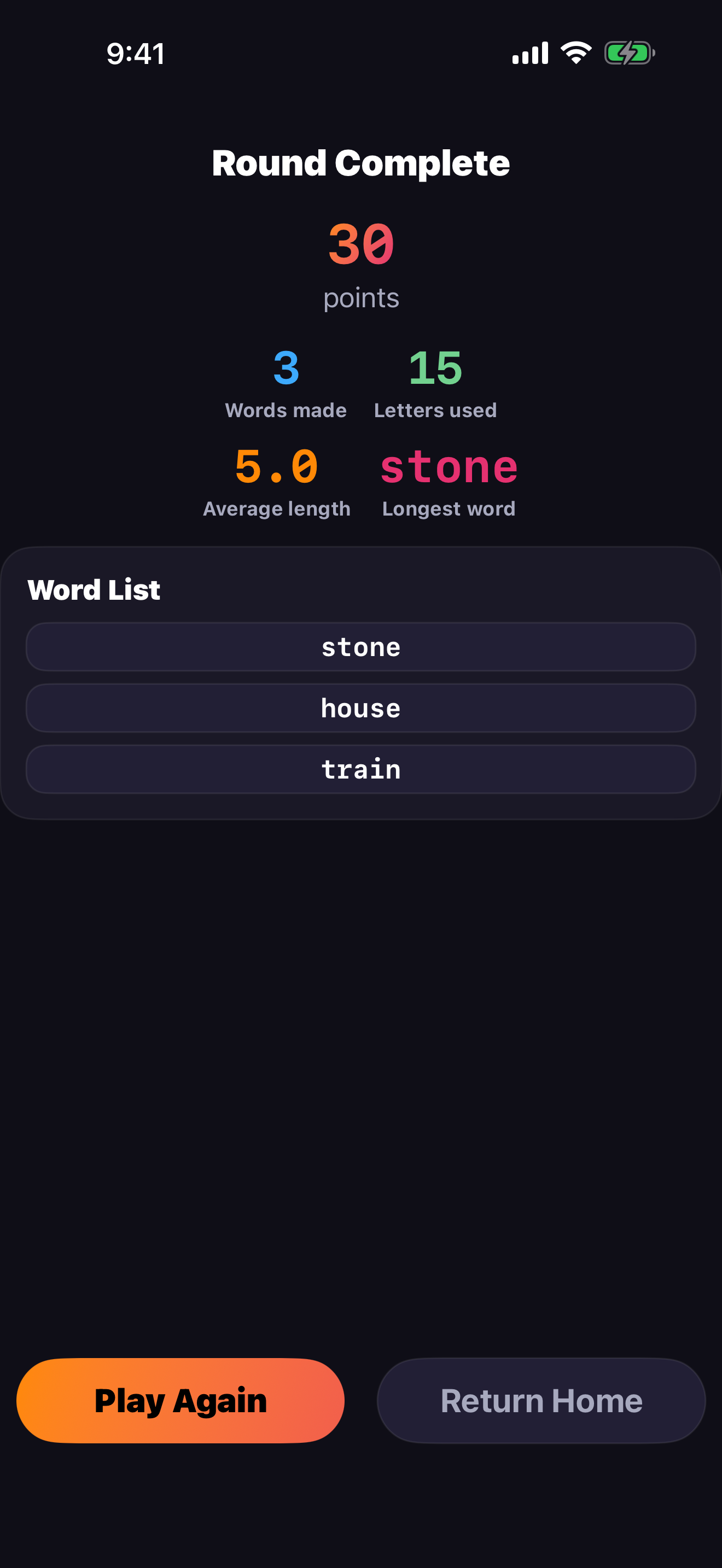 WordBopper round results screen showing score, longest word, chain stats, and words made during the round.
