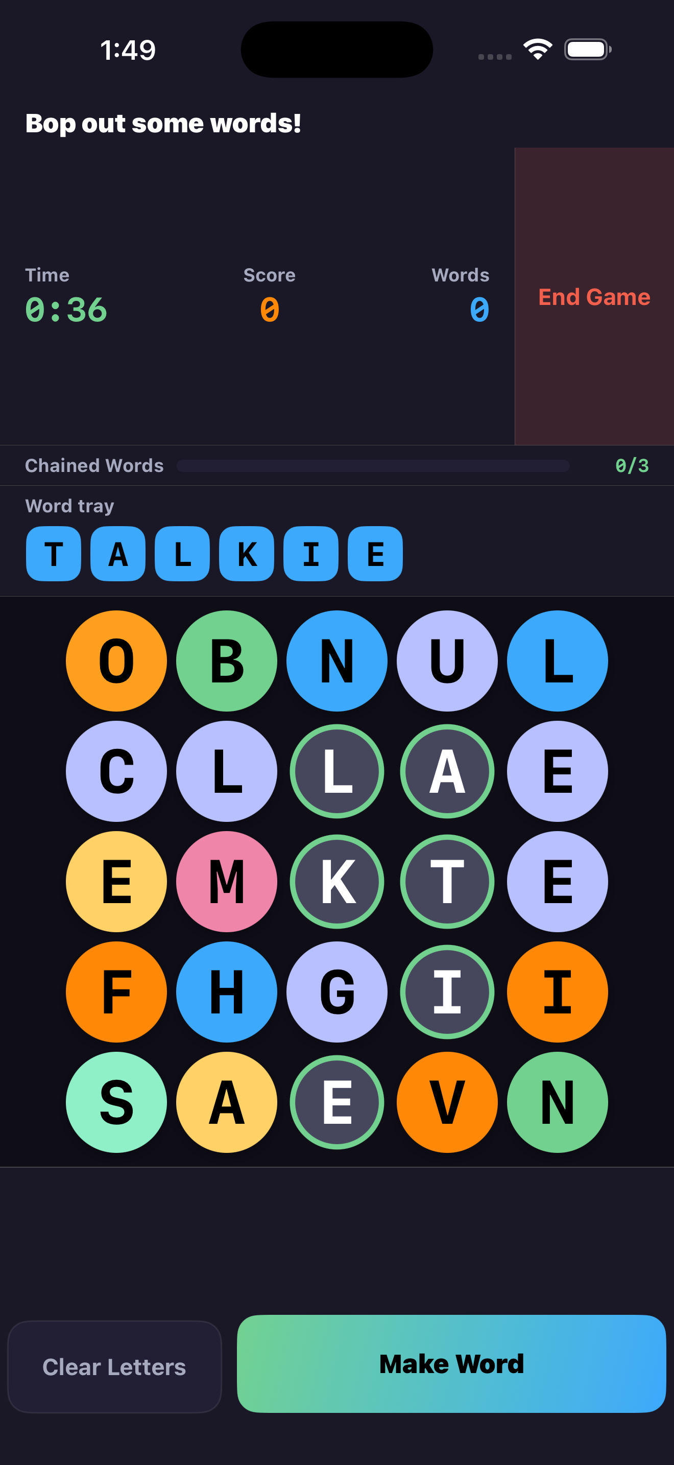 A WordBopper game in progress, with letter bubbles selected to spell a word and the timer running.