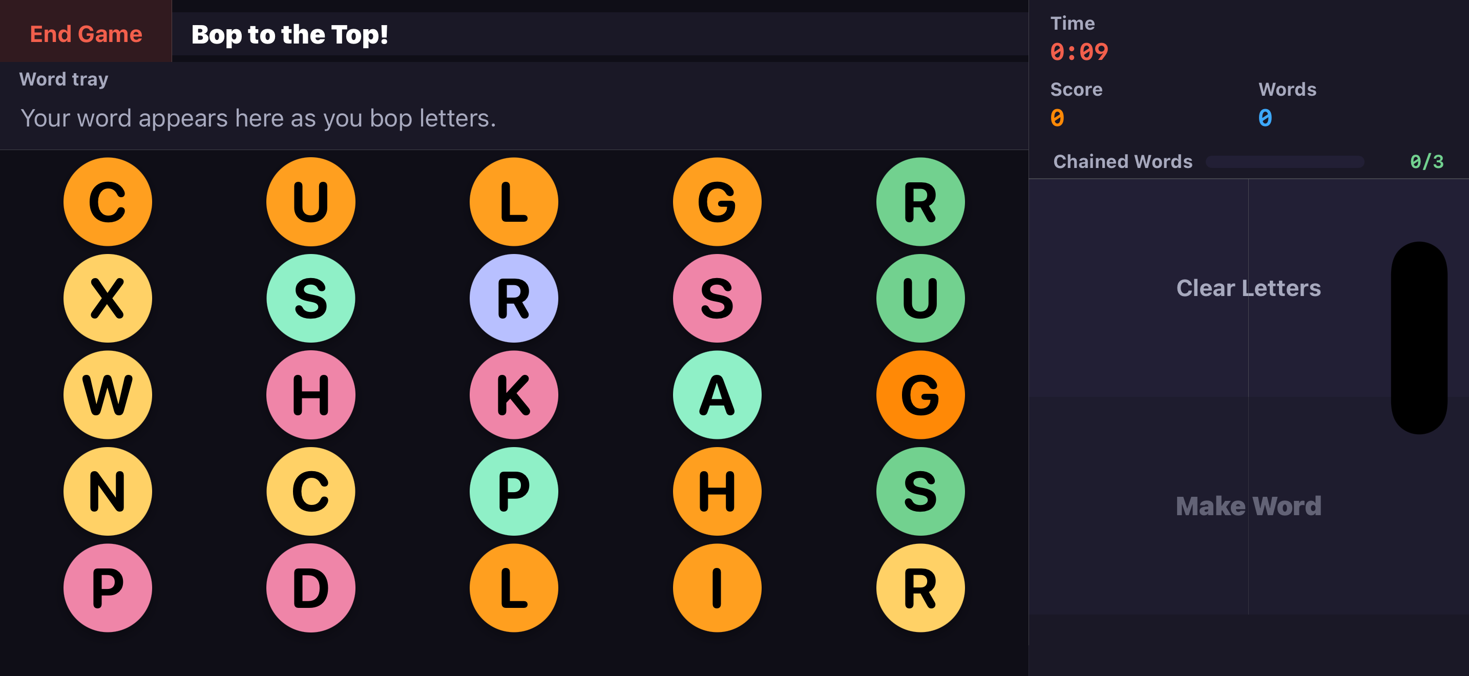 WordBopper in landscape orientation, with a five by five grid of colorful letter bubbles, the word tray, timer and score, and Clear Letters and Make Word controls at the right edge.