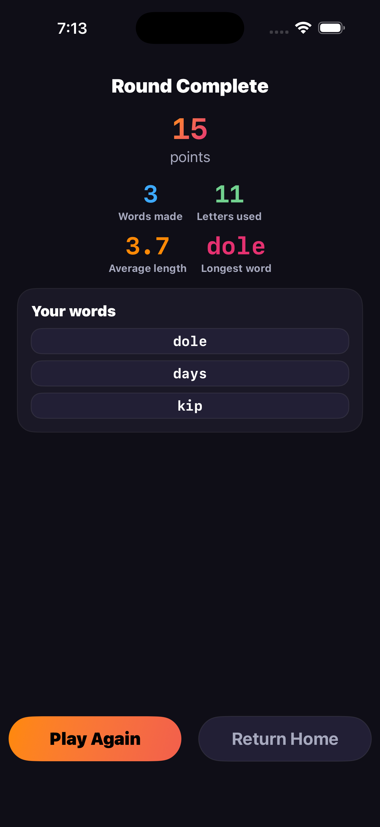 The WordBopper round results screen showing the final score and game stats.