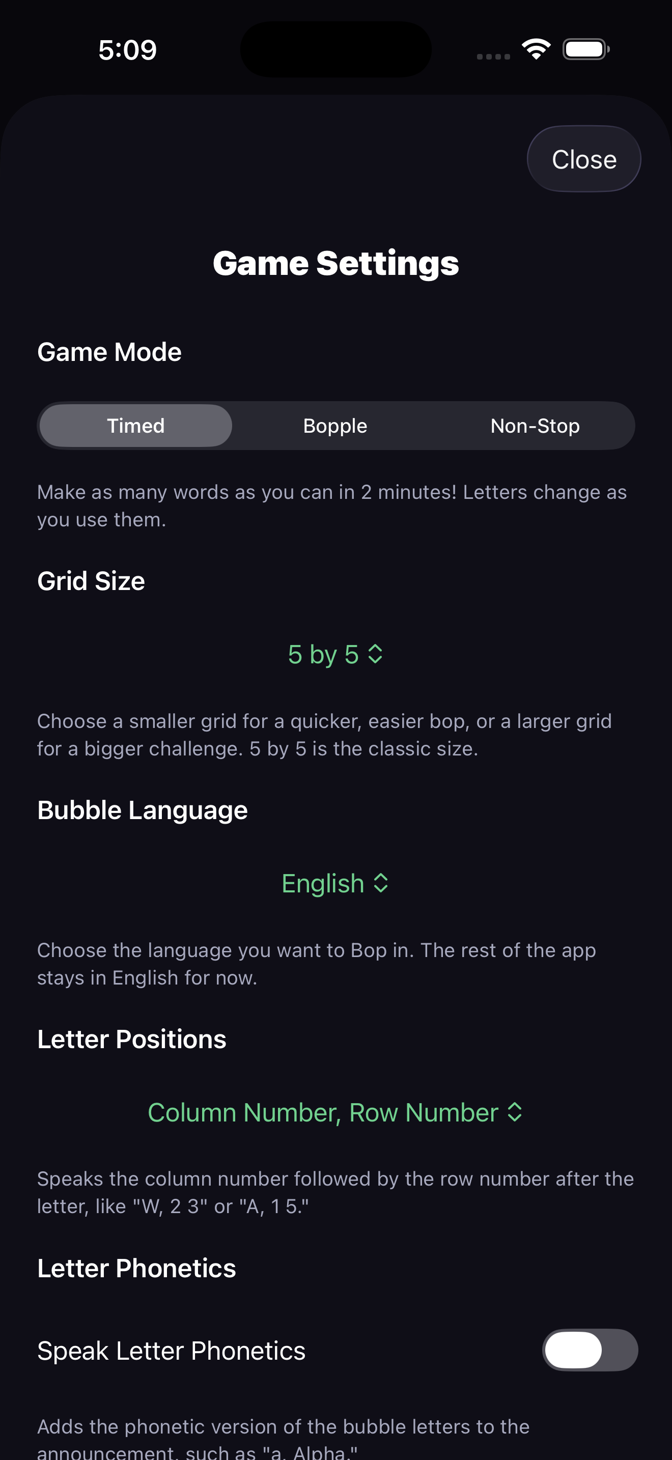 The WordBopper Game Settings screen showing options for game mode, grid size, bubble language, letter positions, and letter phonetics.